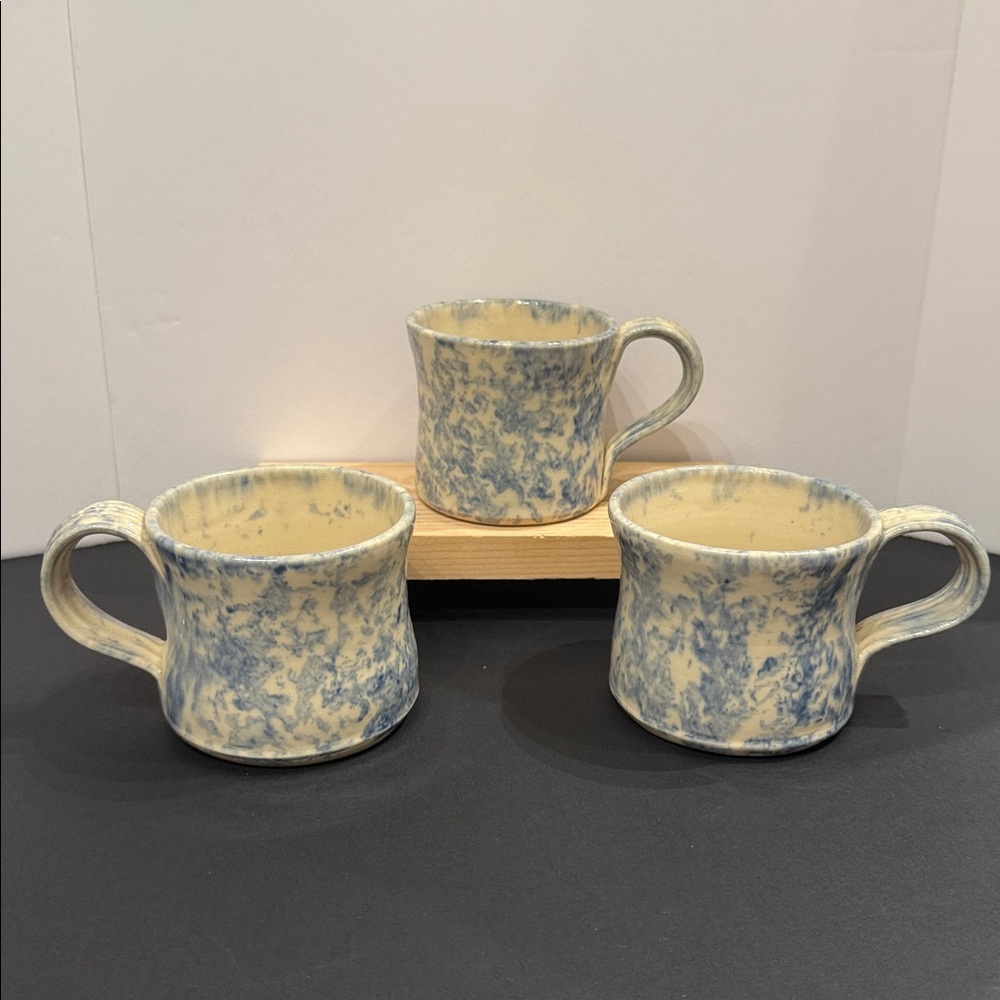 STUDIO POTTERY SIGNED KOVACK Blue SpongeWare Coffee Mugs Farmhouse  Set OF 3
